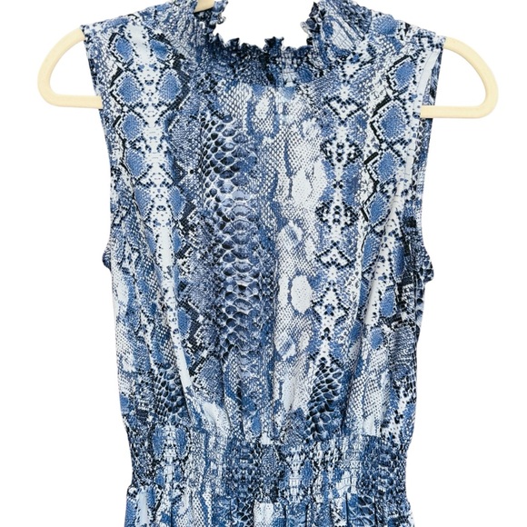 Nanette Lepore Stevie Snake-print Hi-Low Smocked-Waist Sleeveless Blue Dress - Picture 7 of 16
